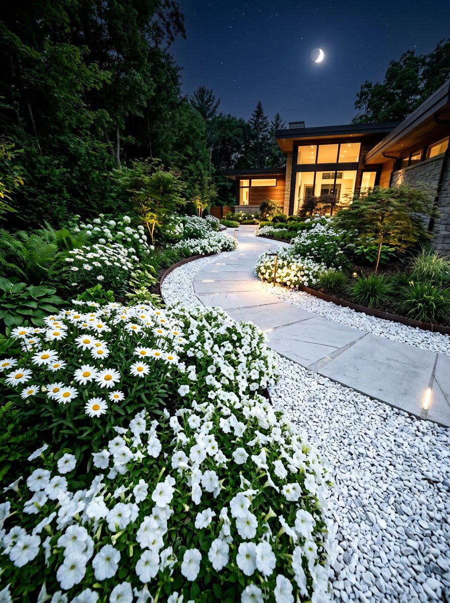 White flower garden - 30 moonlight backyard ideas
