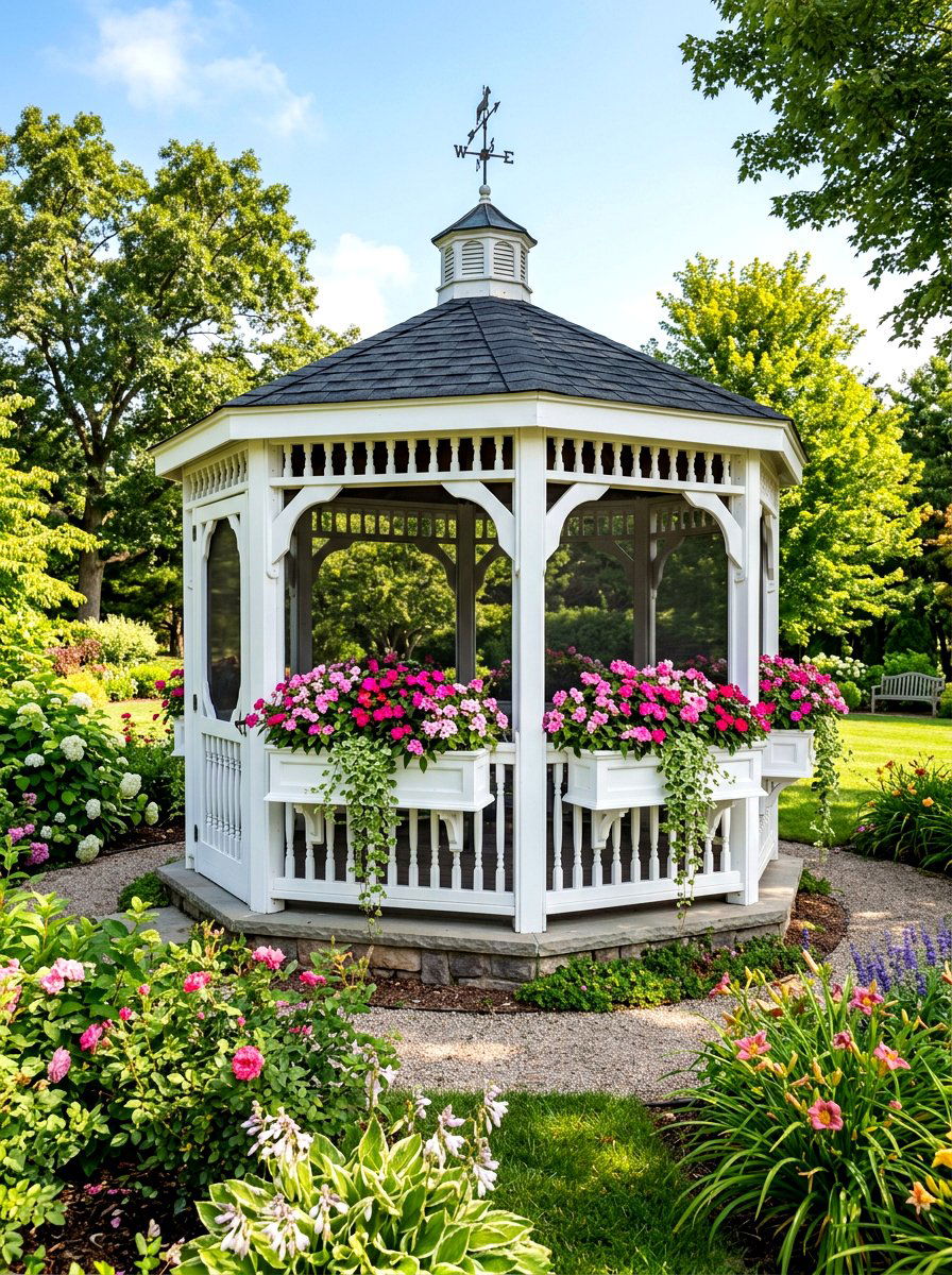 White gazebo window boxes - 30 gazebo planter ideas
