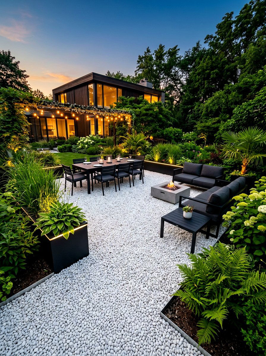 White gravel patio - 30 moonlight backyard ideas