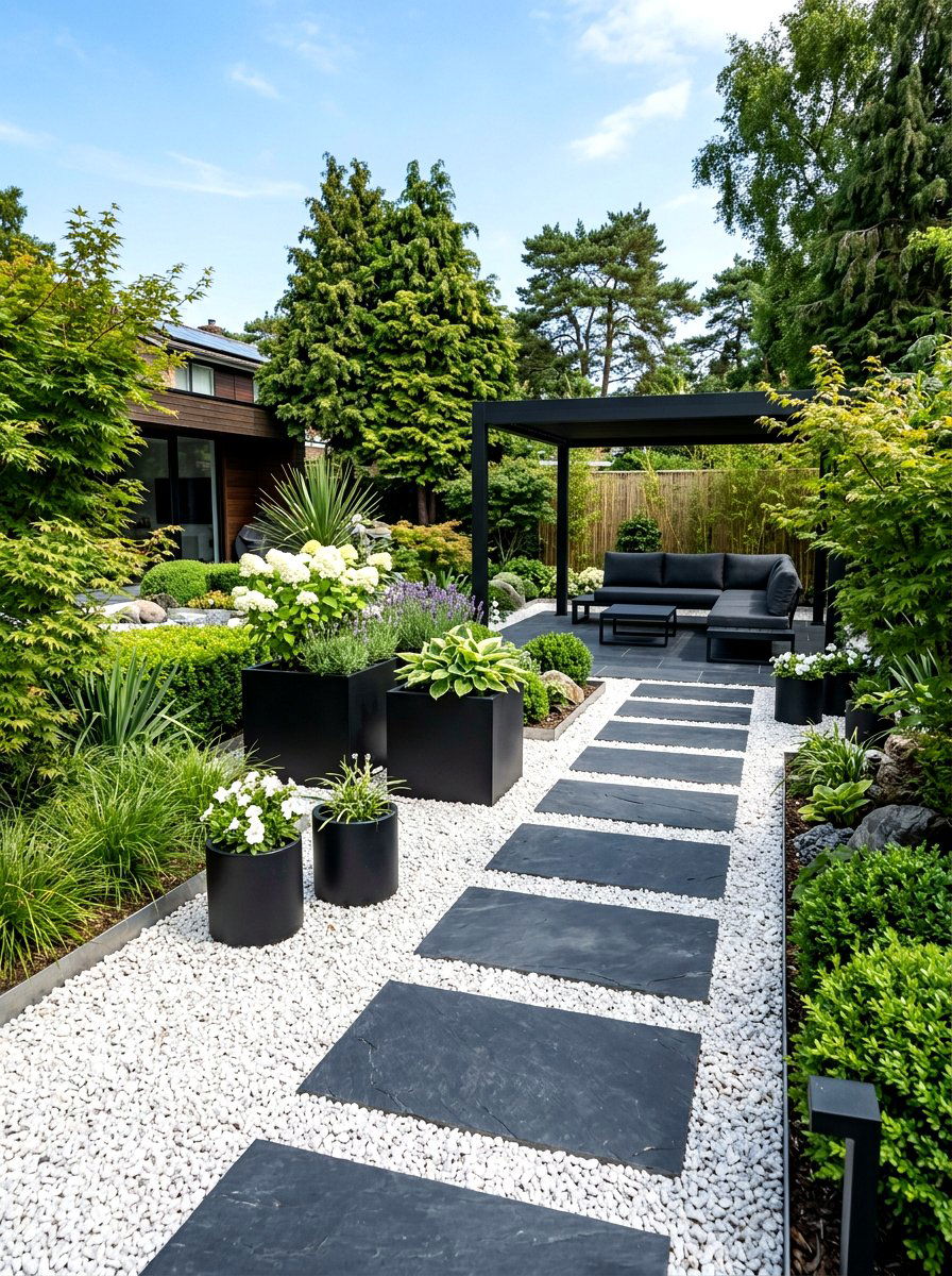 White gravel with black slate pavers - 30 black and white patio ideas