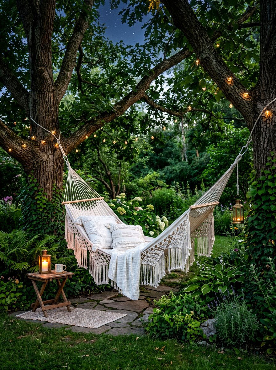 White hammock nook - 30 moonlight backyard ideas