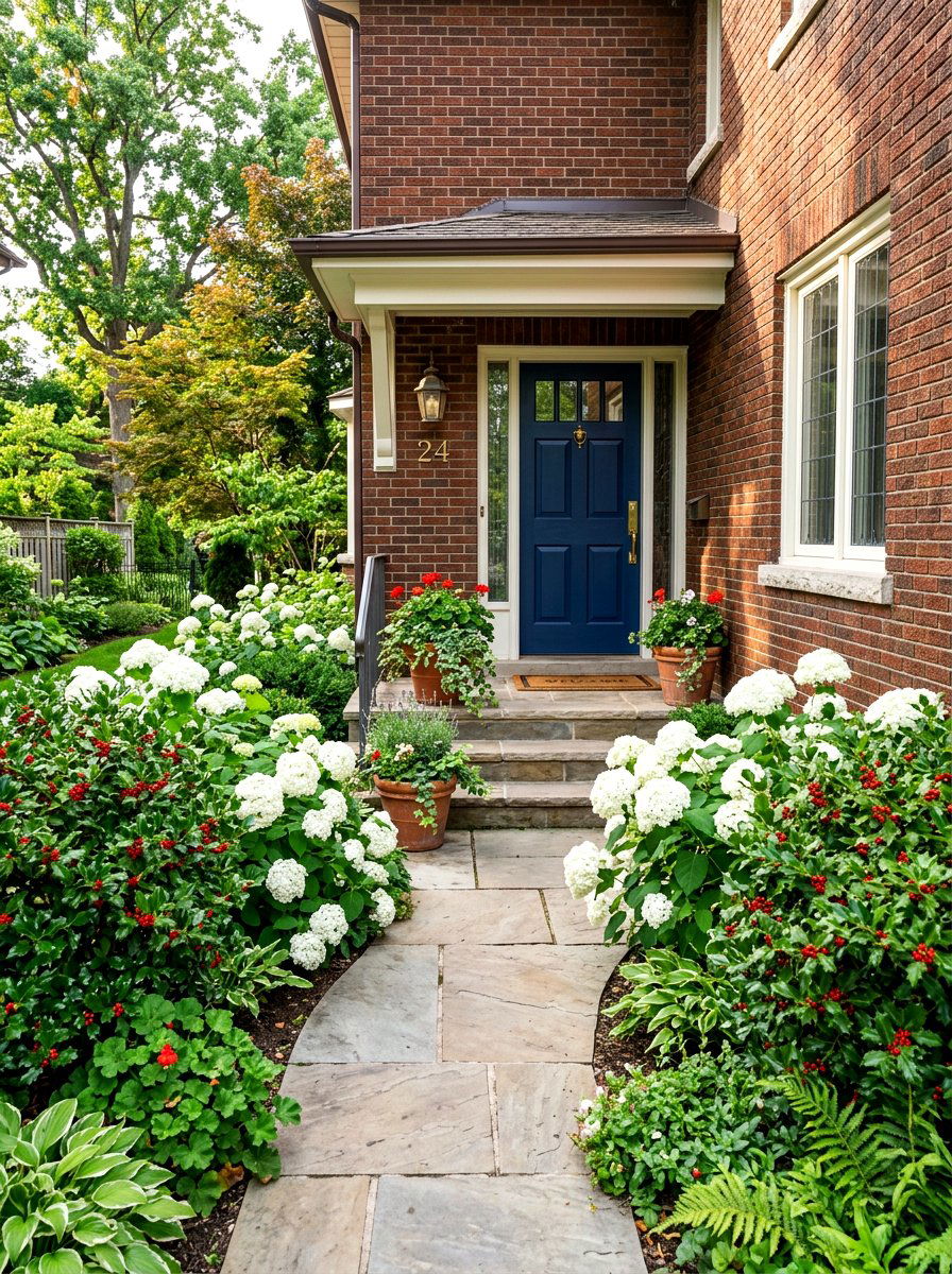 White hydrangea and holly bush border - 30 evergreen and hydrangea landscape ideas