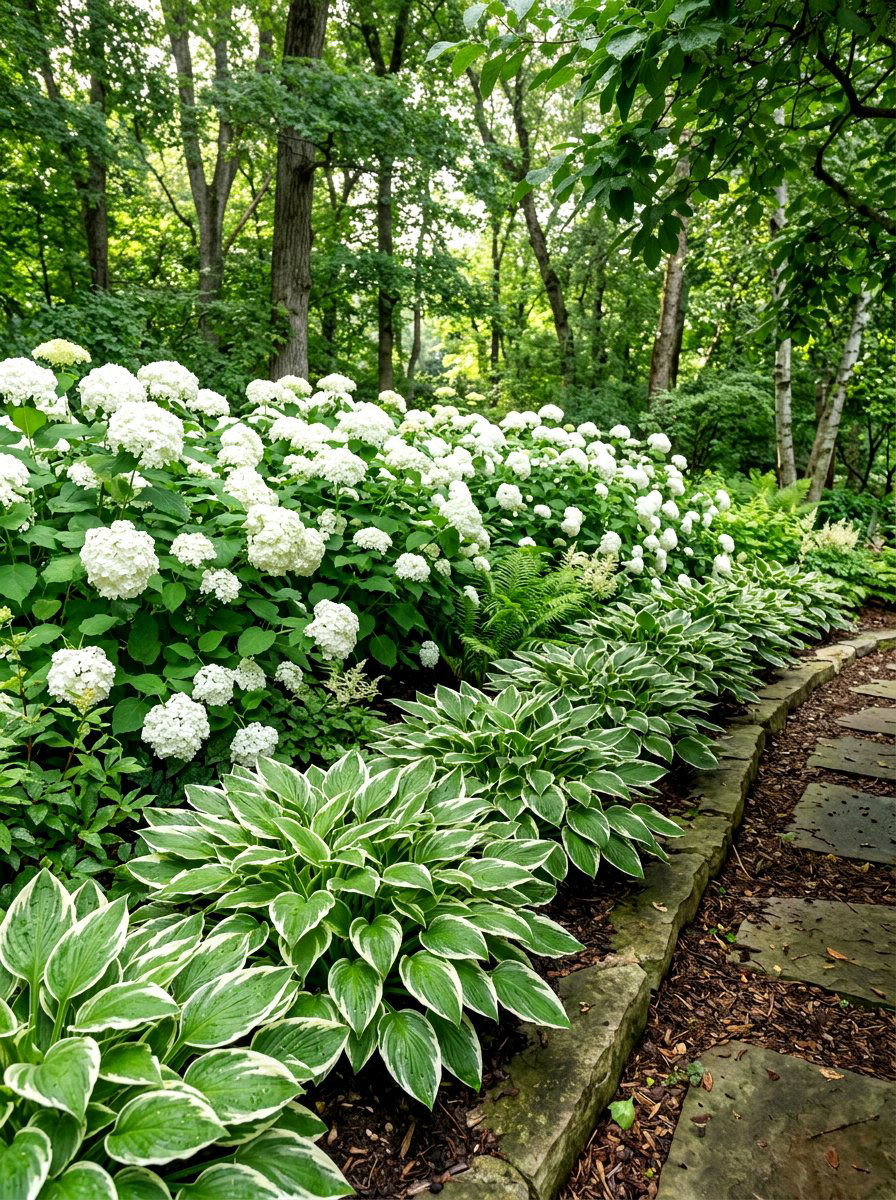 White hydrangea and hosta border - 30 white garden border ideas