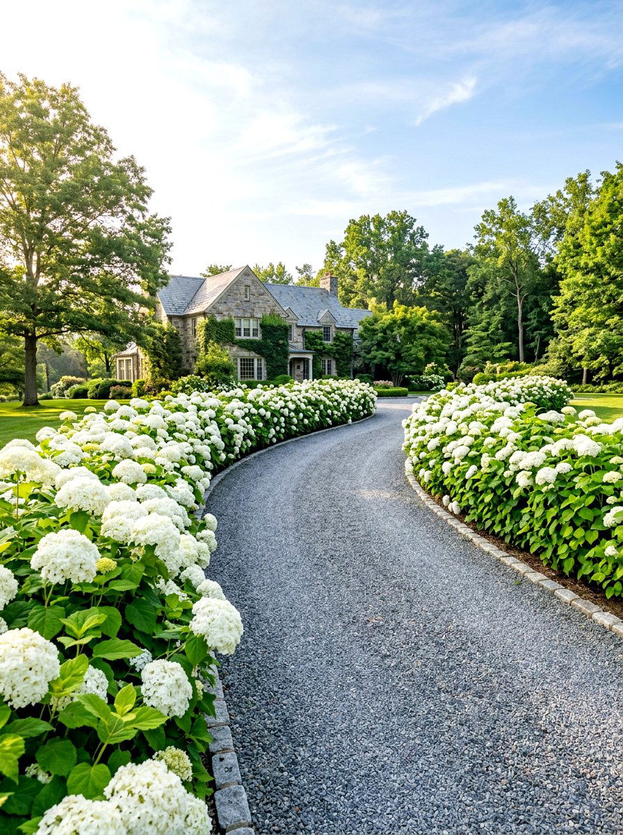 White hydrangea driveway border - 30 driveway side garden ideas