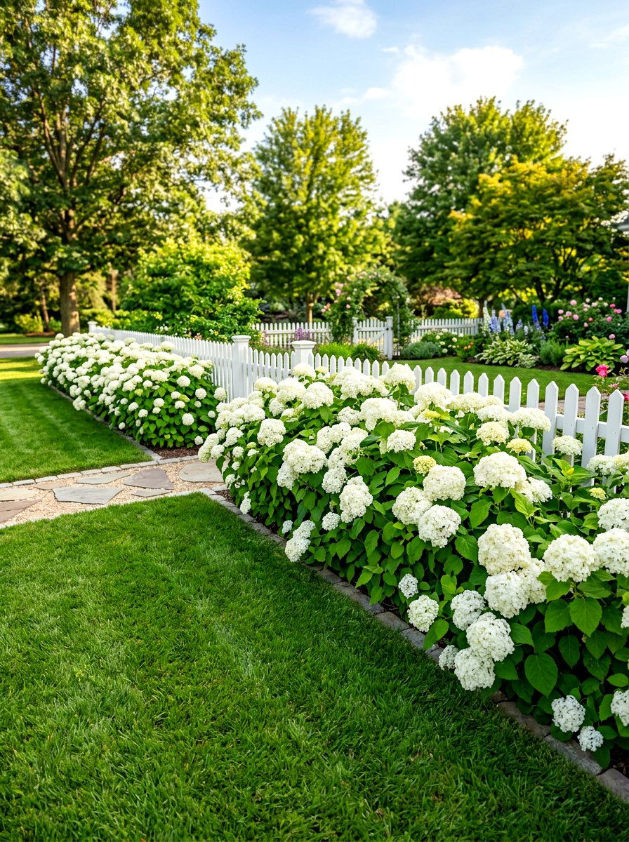 White hydrangea privacy fence - 30 hydrangea hedge ideas