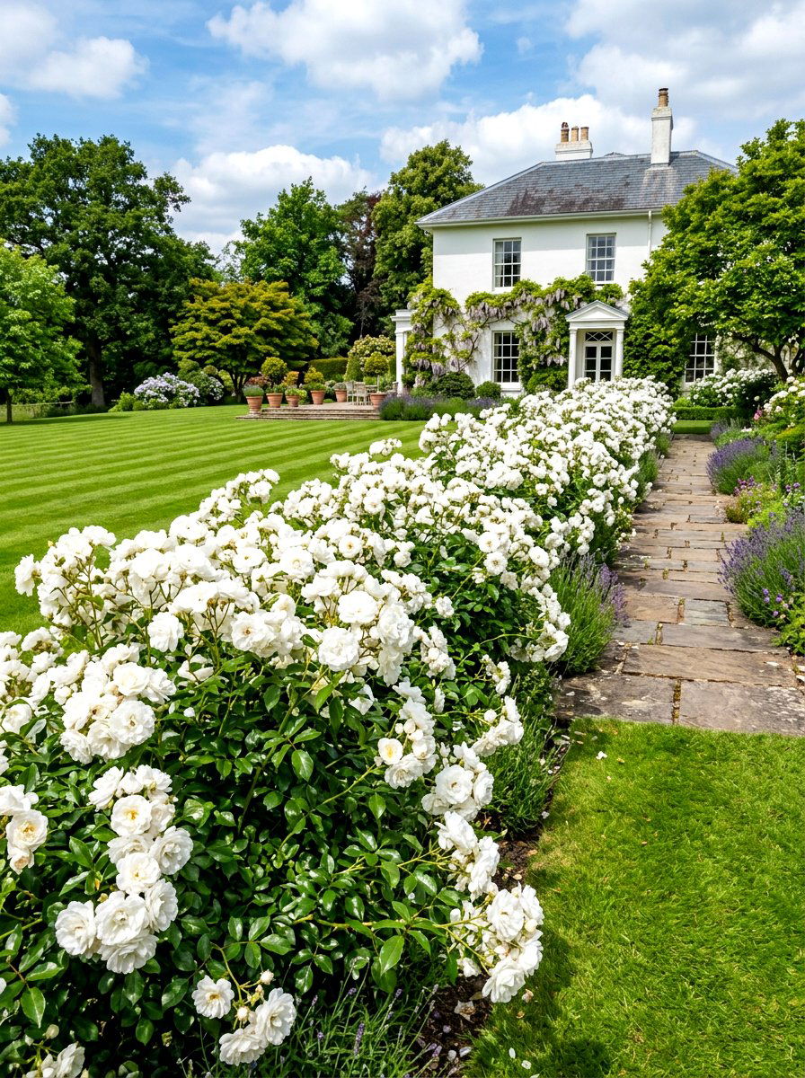 White iceberg rose hedge - 30 rose hedge ideas