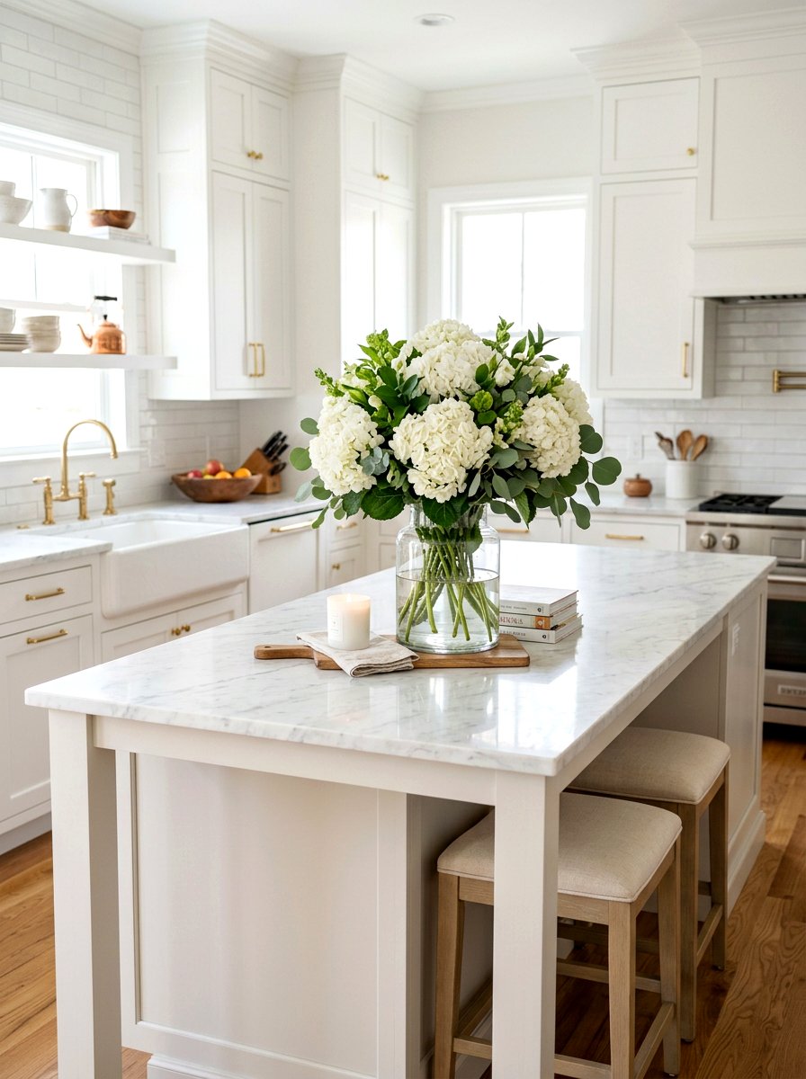 White kitchen hydrangea centerpiece - 30 coastal grandmother decor ideas