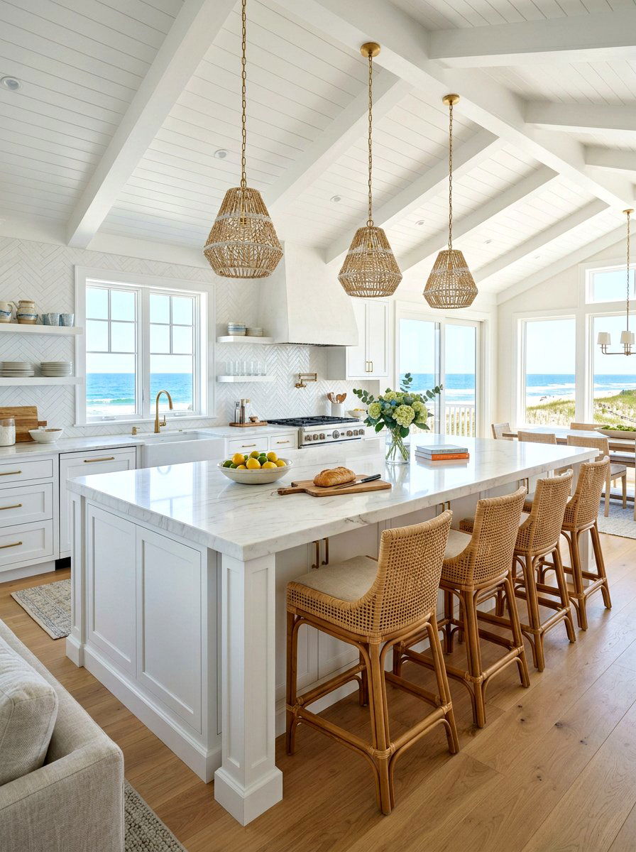 White kitchen island - 30 surf shack decor ideas