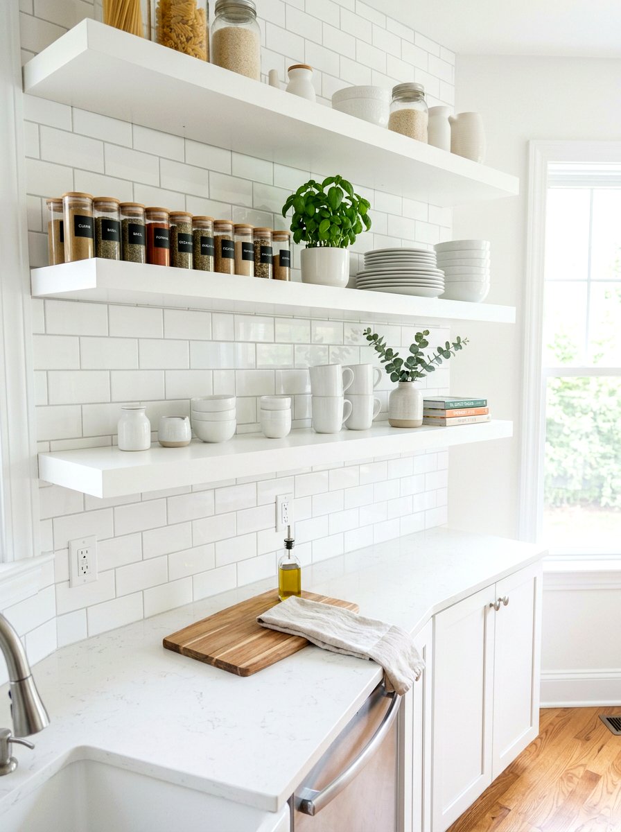 White kitchen open shelving - 30 minimalist shelf styling ideas