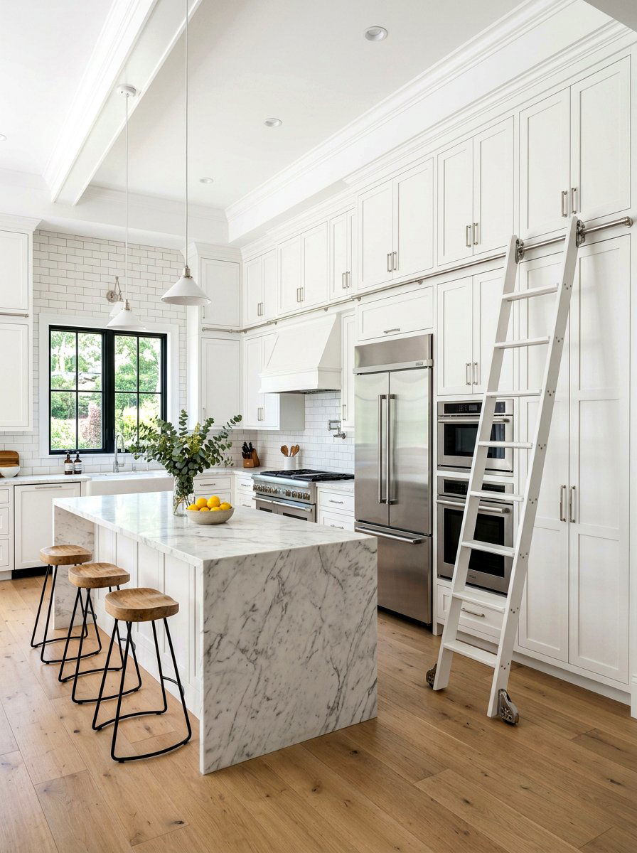 White kitchen with rolling ladder - 30 library ladder kitchen ideas