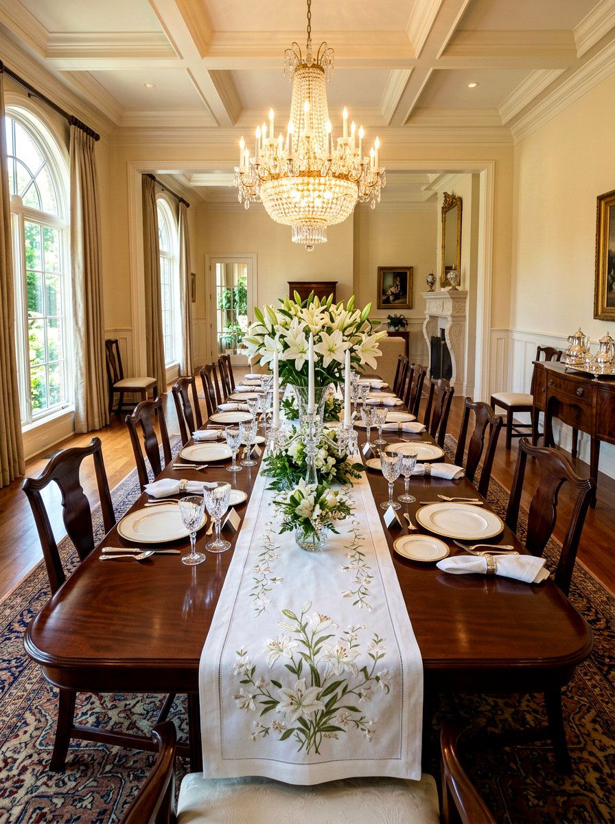 White lily elegant table runner - 30 floral table runner ideas