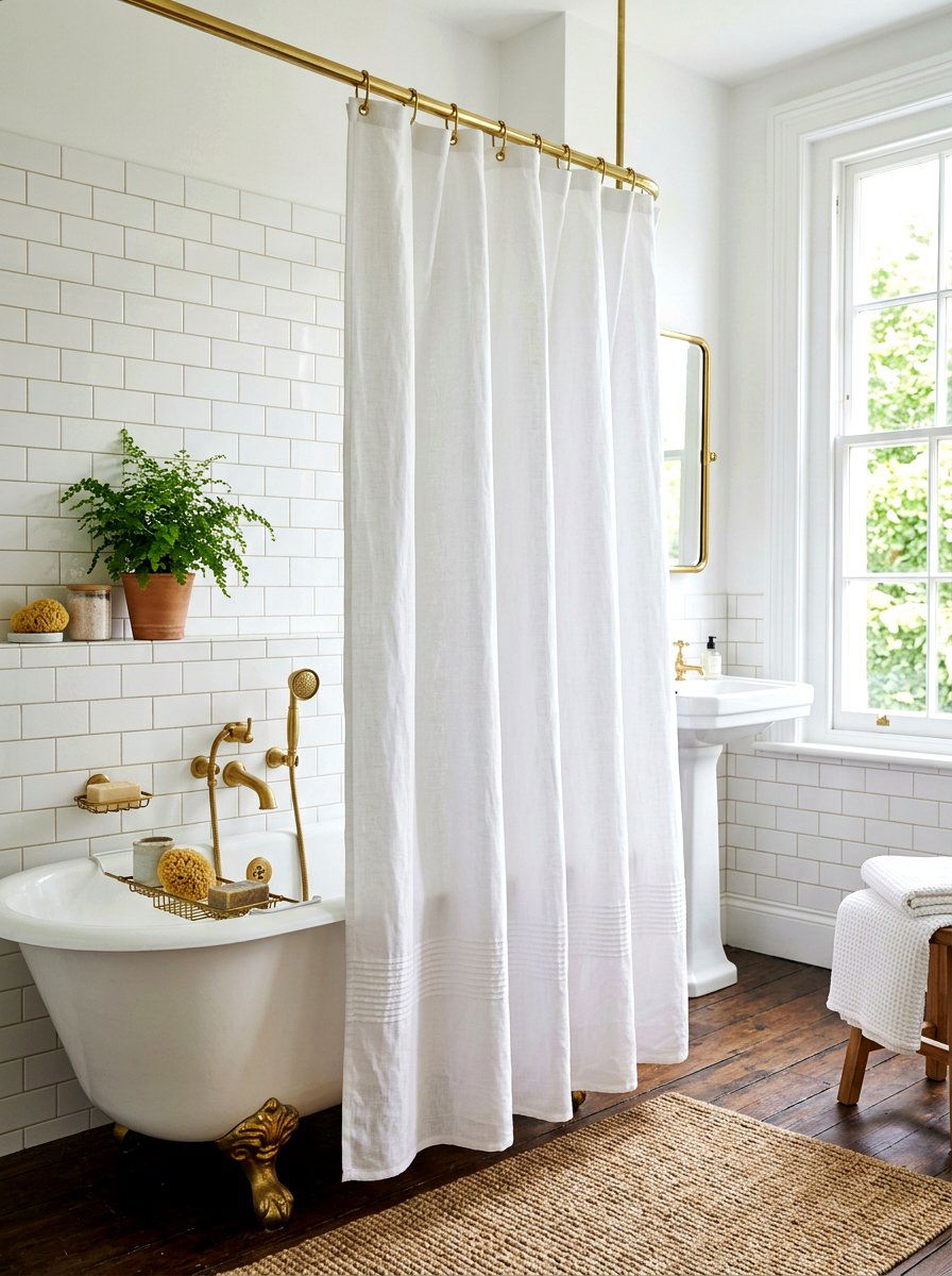 White linen shower curtain - 30 coastal grandmother bathroom ideas