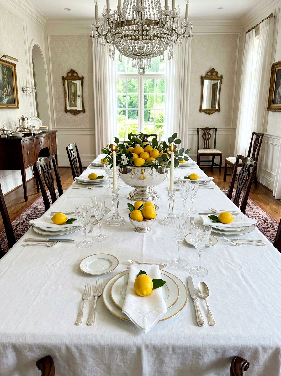 White linen with lemon accents - 30 lemon tablescape ideas