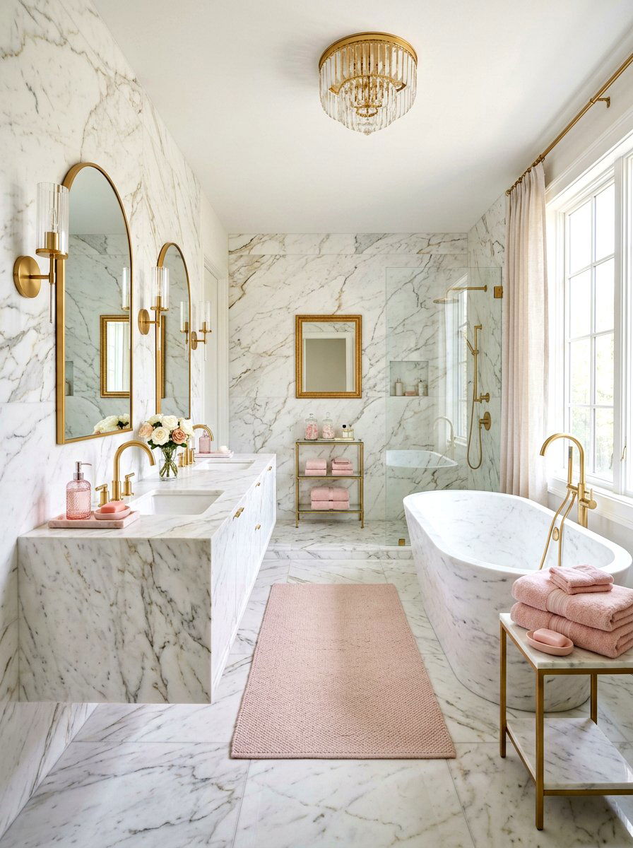 White marble bathroom pink accents - 30 coquette bathroom ideas