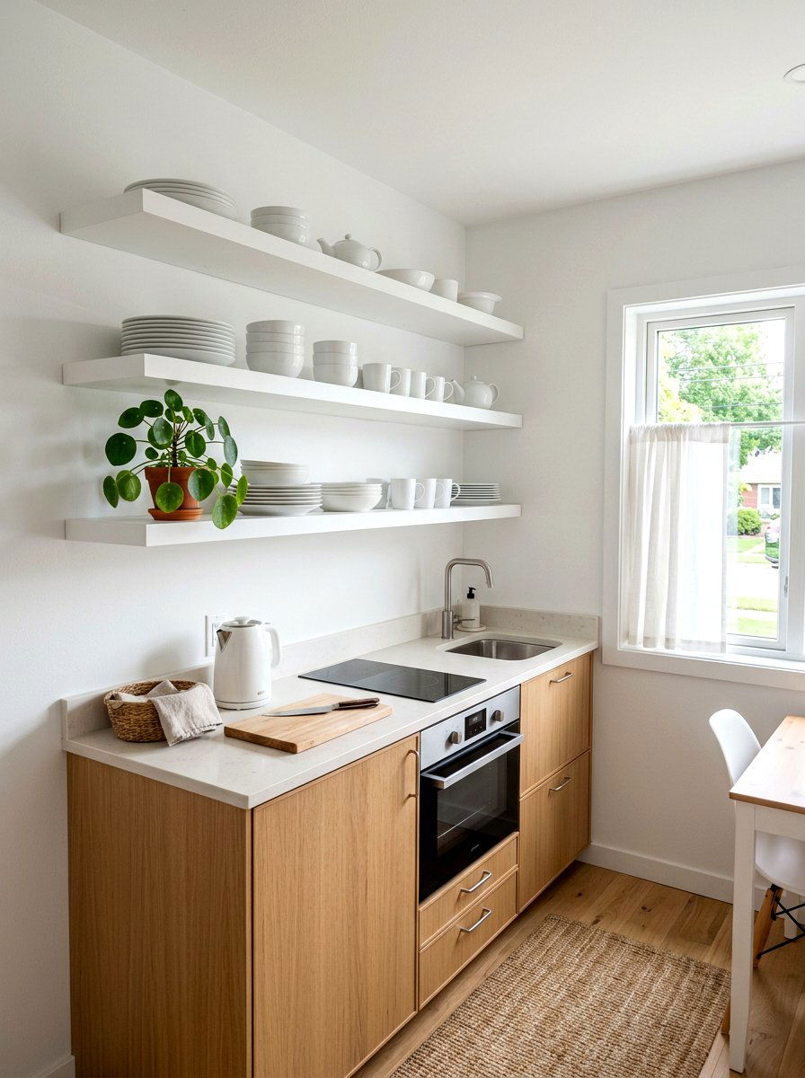 White minimalist shelf - 30 tiny kitchen open shelf ideas