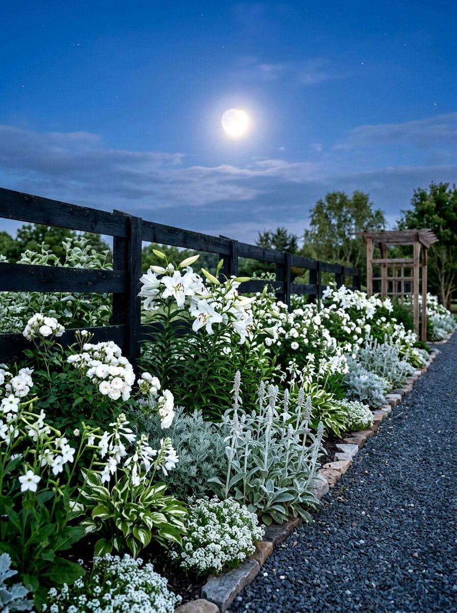 White moon garden border - 30 border planting ideas along fence