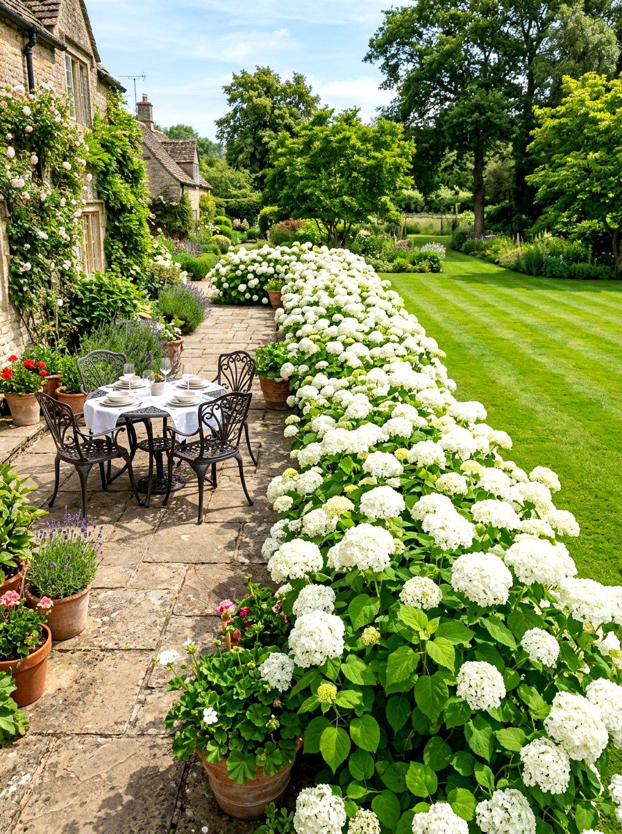 White mophead hydrangea garden divider - 30 hydrangea hedge ideas
