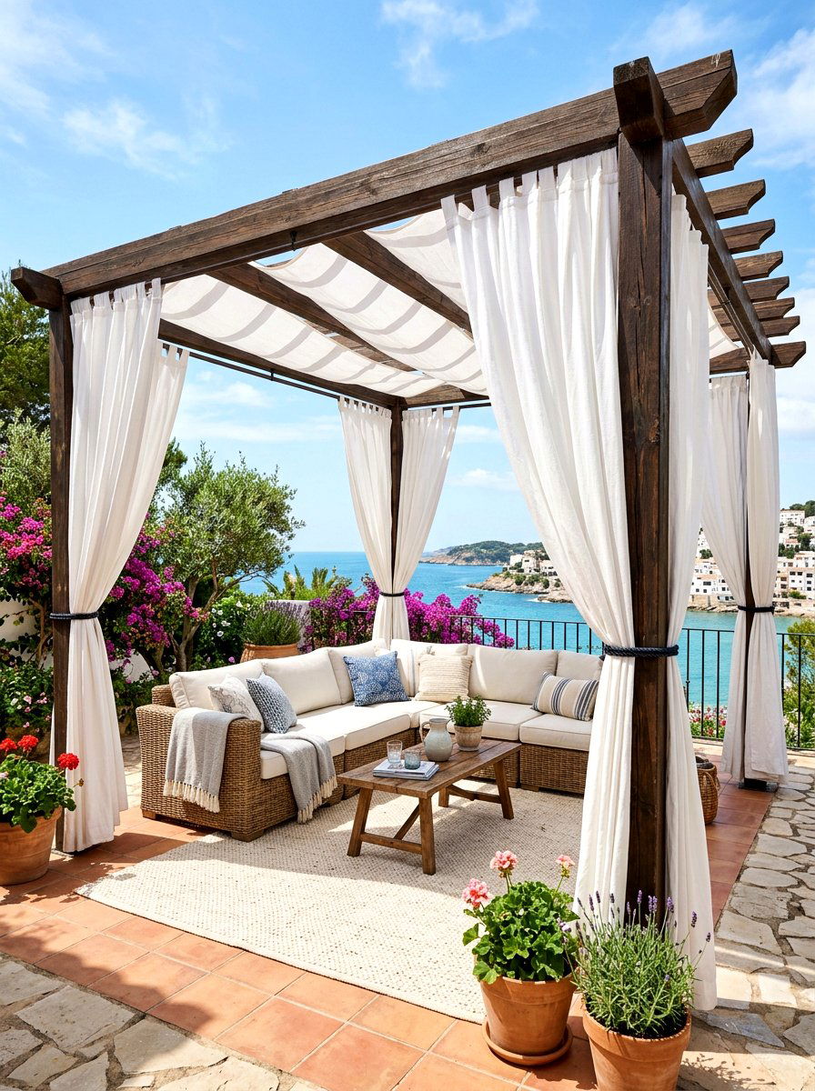 White outdoor curtains - 30 pergola curtain ideas