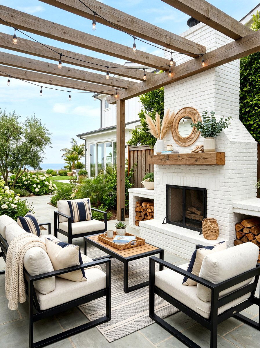 White painted brick fireplace patio - 30 brick outdoor fireplace ideas