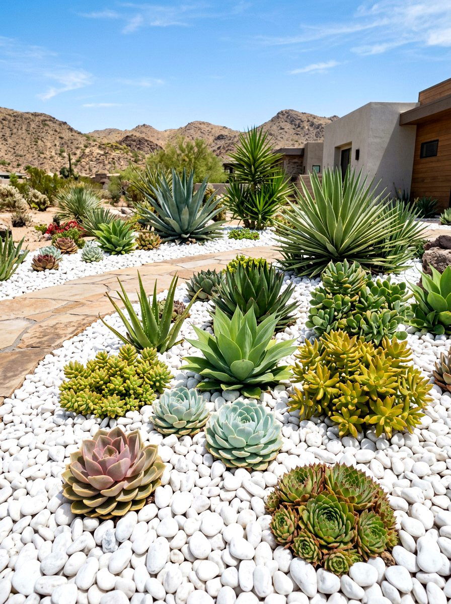 White pebble and succulent garden - 30 flower bed around tree ideas