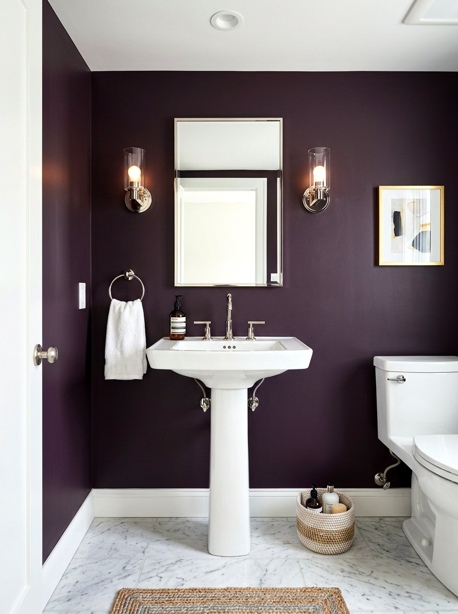 White pedestal sink - 30 aubergine powder room ideas