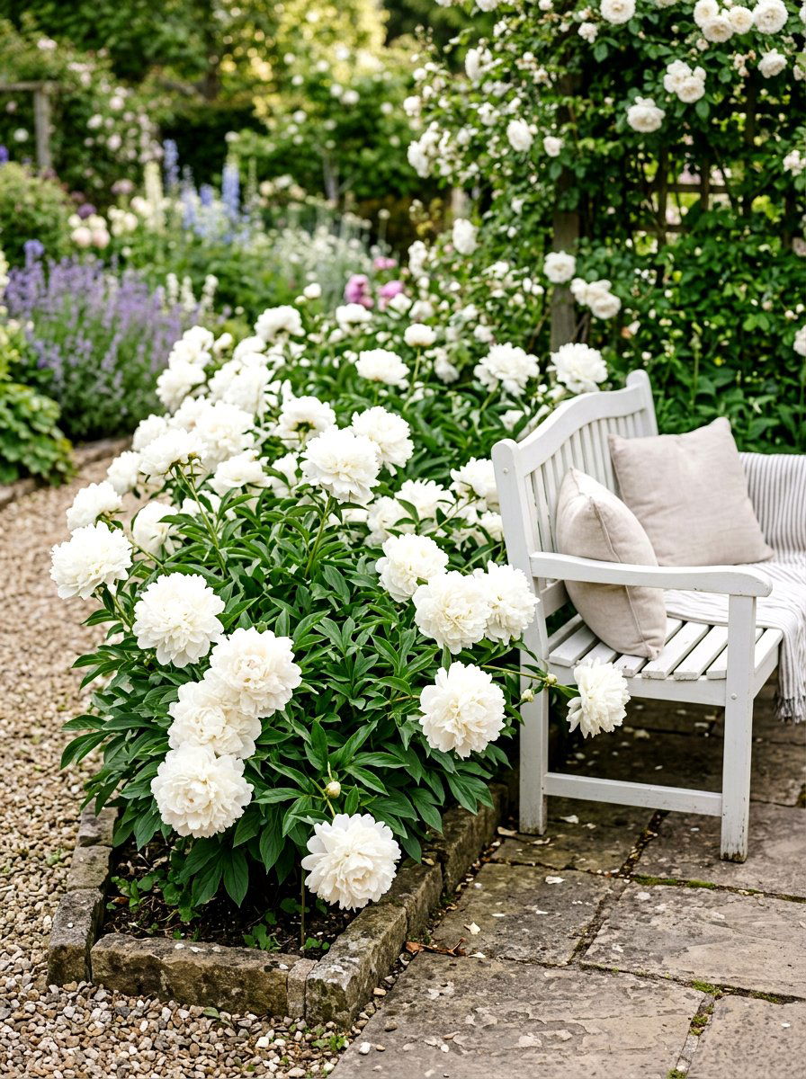 White peony garden bed - 30 white garden border ideas