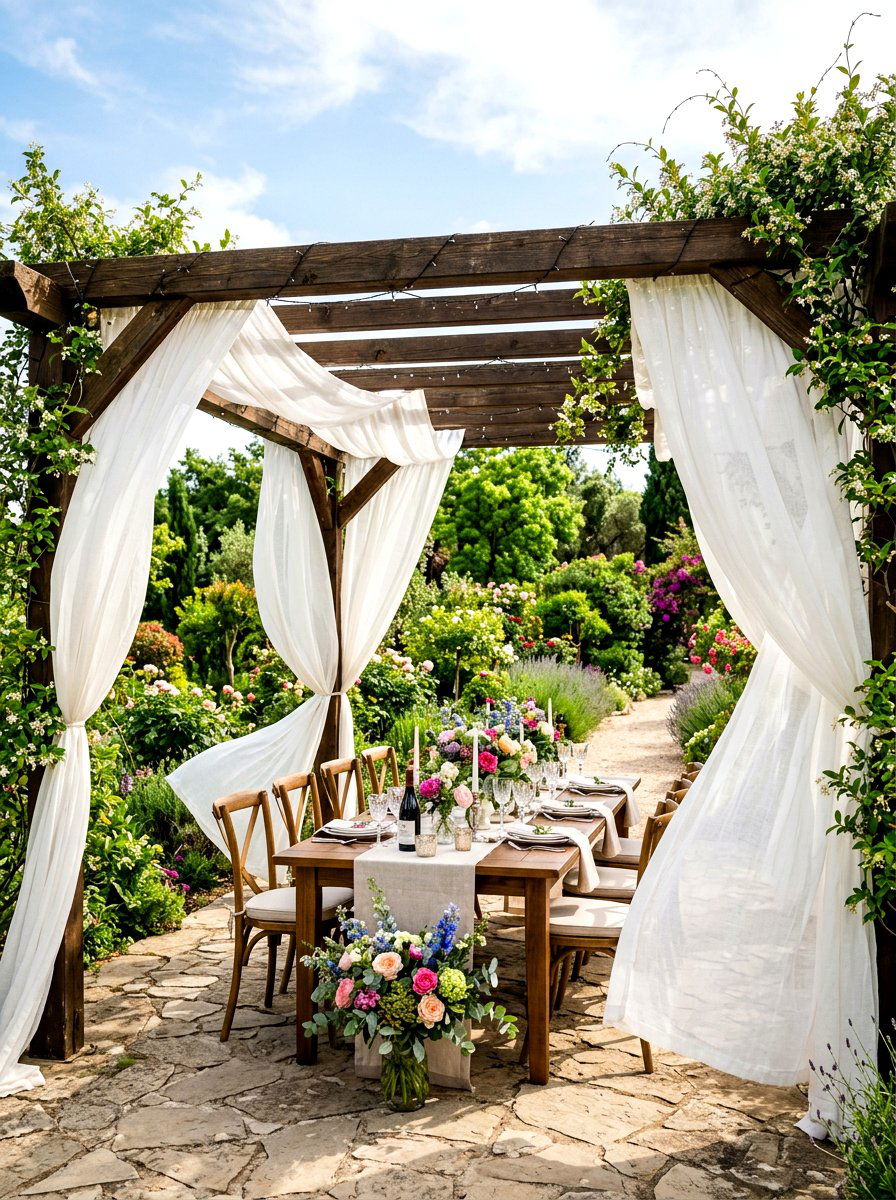 White pergola draping - 30 bridal shower garden party ideas