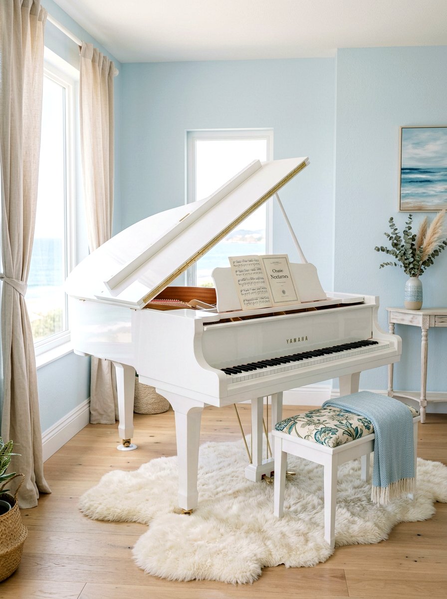 White piano aesthetic - 30 piano living room ideas