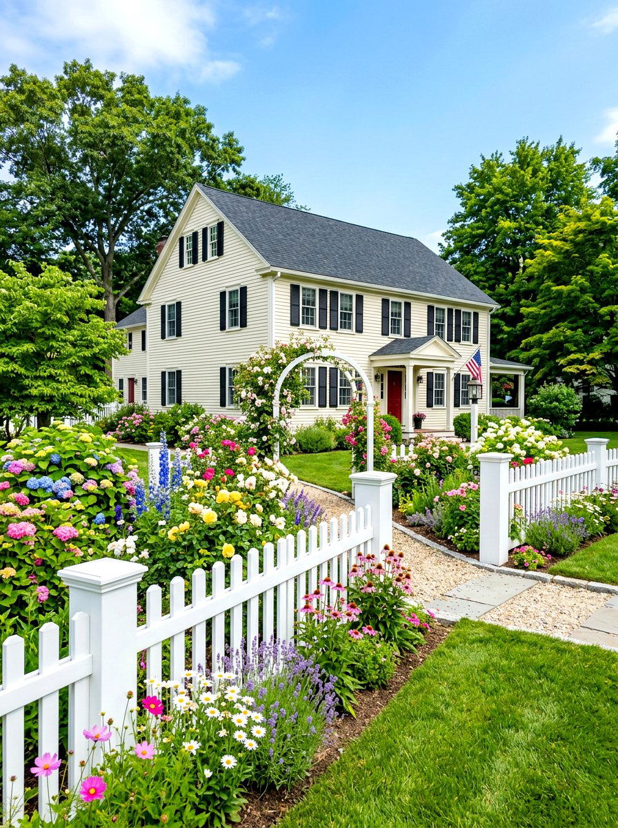 White picket fence garden - 30 colonial front porch ideas