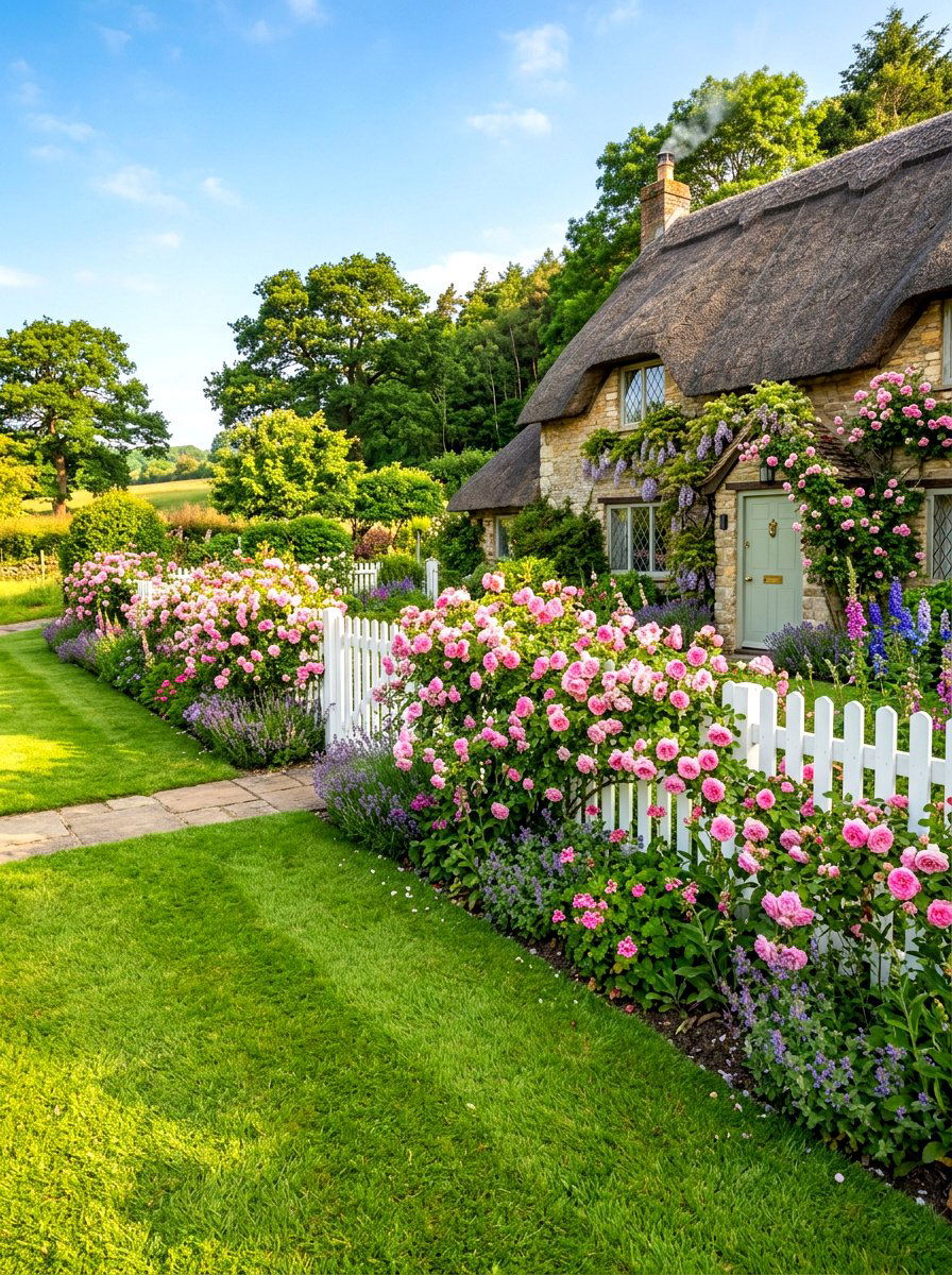 White picket fence roses - 30 cottage rose border landscaping ideas