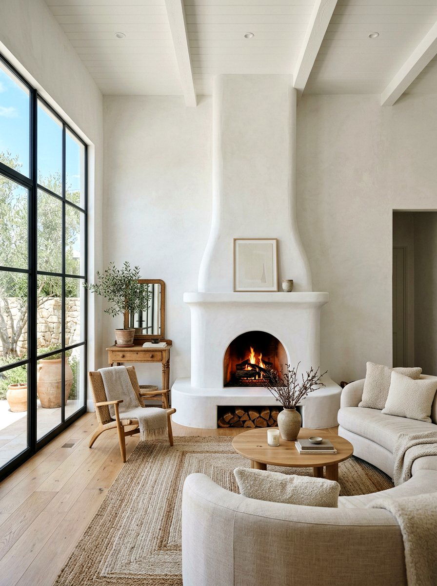 White plaster fireplace living room - 30 warm Mediterranean lounge ideas