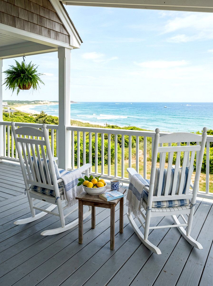 White porch rocking chair seating - 30 coastal grandmother decor ideas