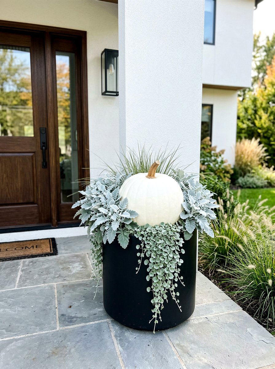 White pumpkin and silver foliage planter - 30 autumn planter ideas