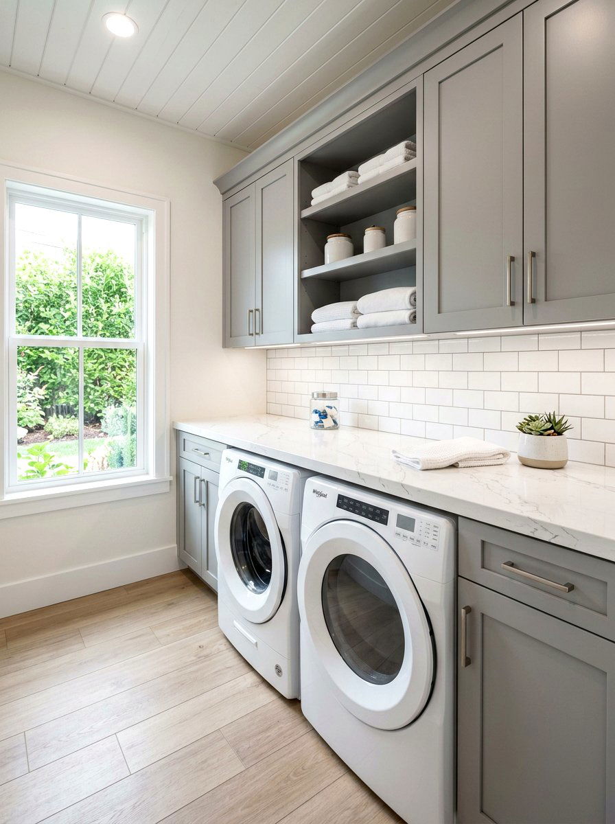 White quartz laundry surface - 30 countertop over washer dryer ideas
