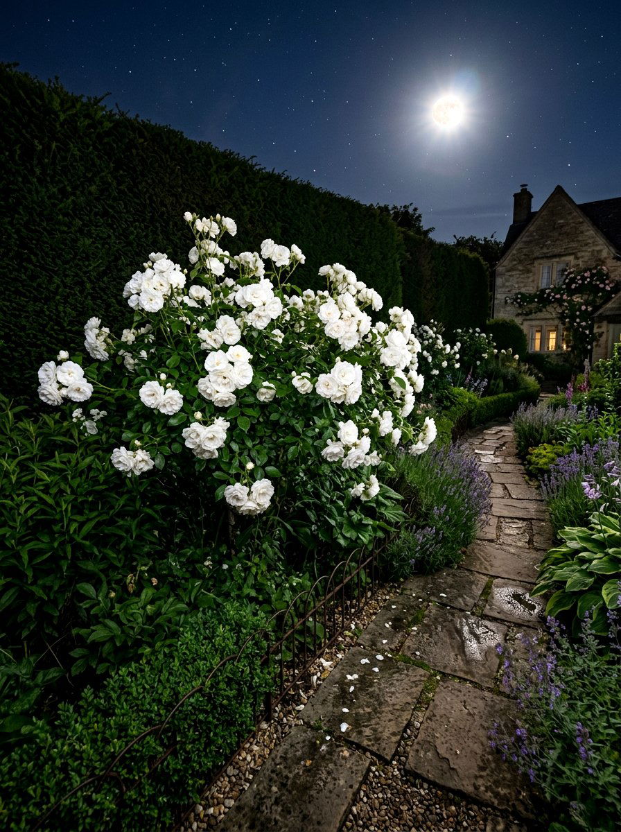 White rose bush - 30 moonlight backyard ideas