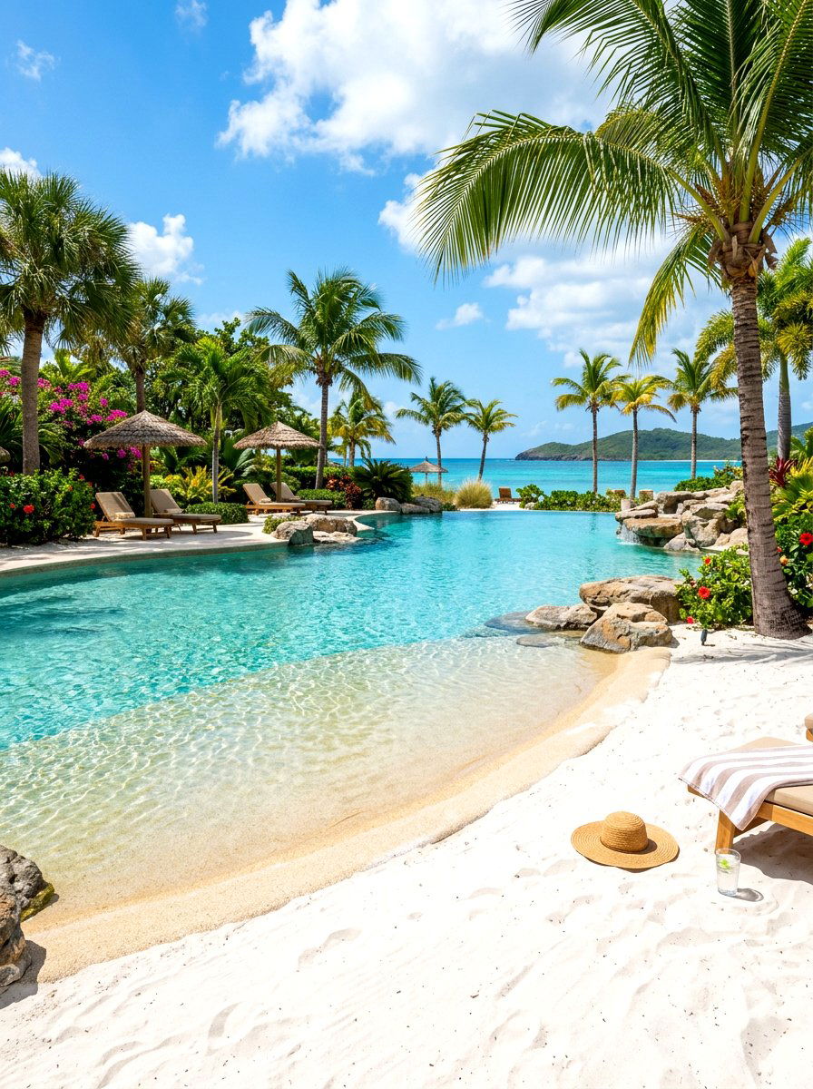 White sand beach entry - 30 tropical pool landscaping ideas