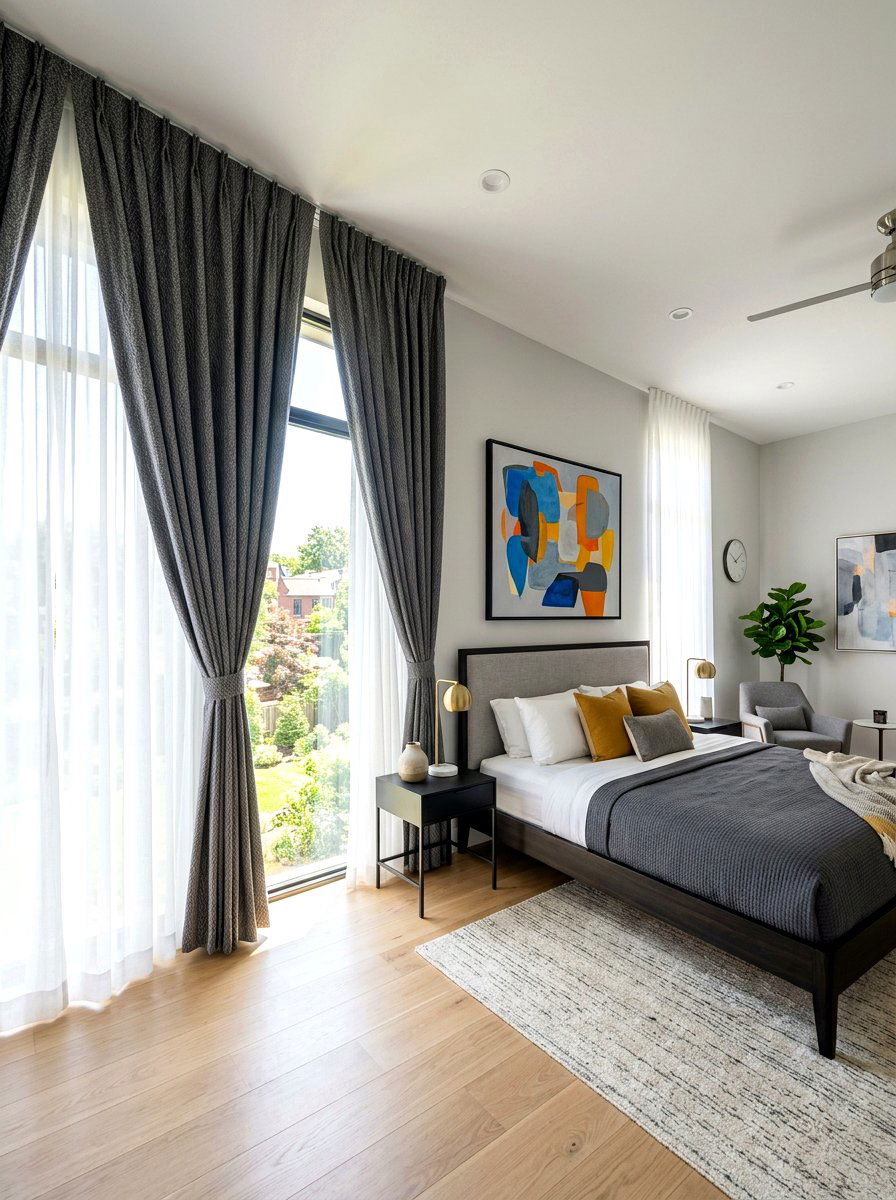 White sheer and grey curtains - 30 bedroom curtain layering ideas aesthetic