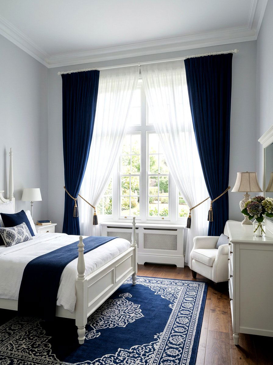 White sheer curtains under navy drapes - 30 bedroom curtain layering ideas