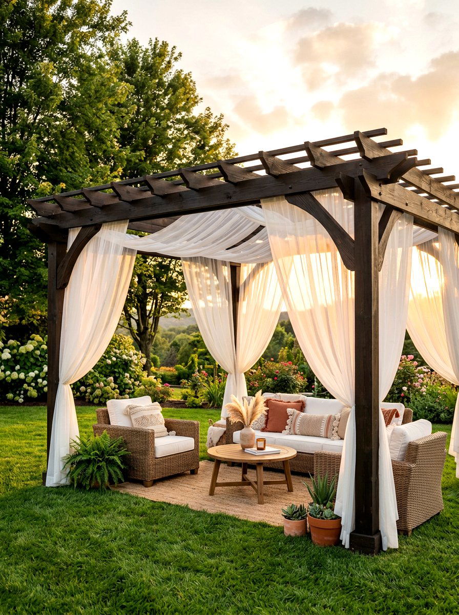 White sheer pergola layout - 30 pergola privacy curtain ideas