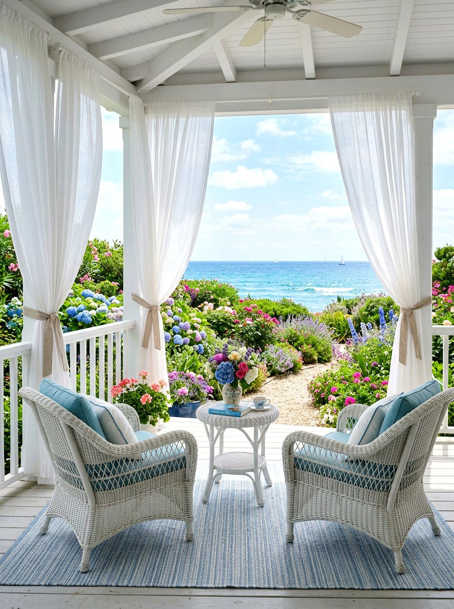 White sheer porch curtains - 30 Nancy Meyers front porch ideas