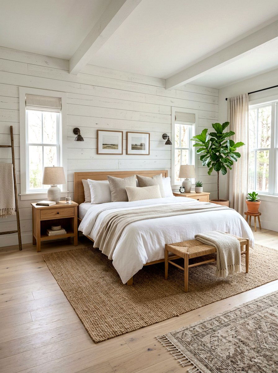White shiplap wall - 30 farmhouse bedroom ideas
