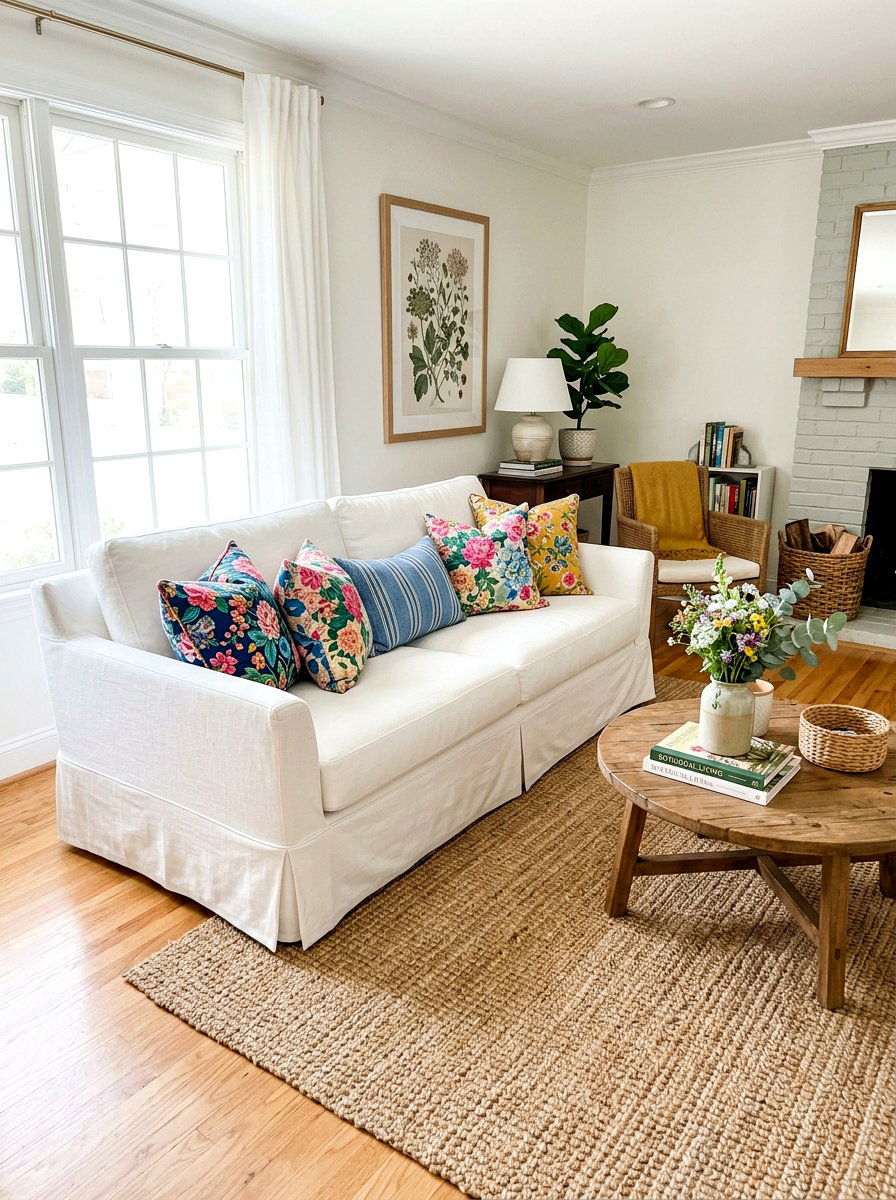 White slipcover sofa - 30 soft spring living room ideas