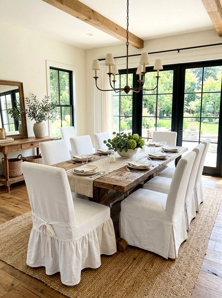 White slipcovered chairs - 30 Nancy Meyers dining room ideas