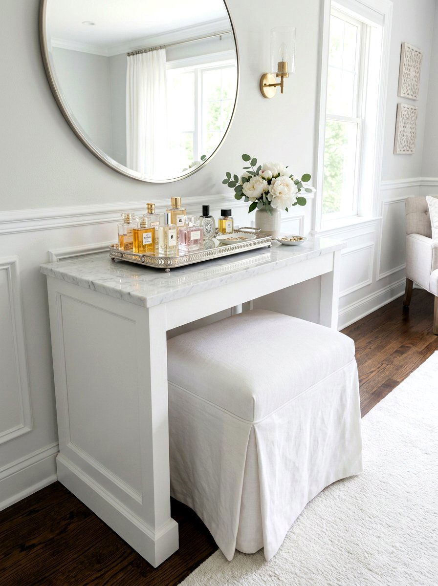 White slipcovered vanity stool - 30 coastal grandmother bathroom ideas