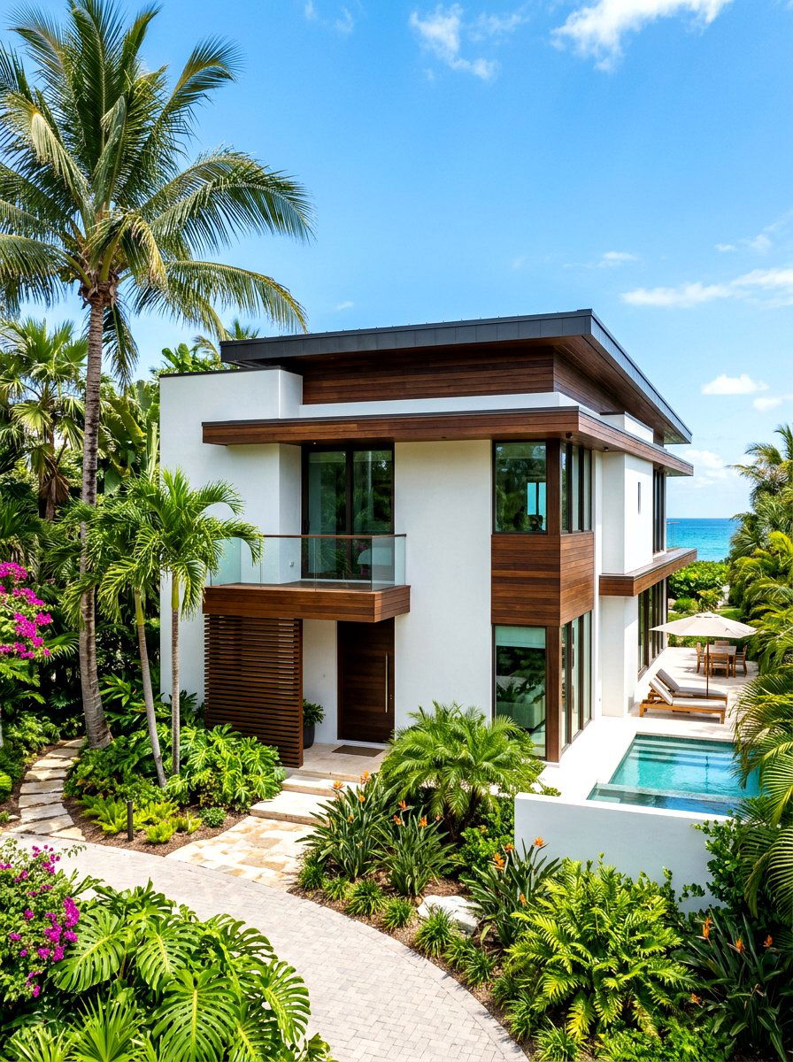 White stucco and dark wood - 30 mixed material facade ideas