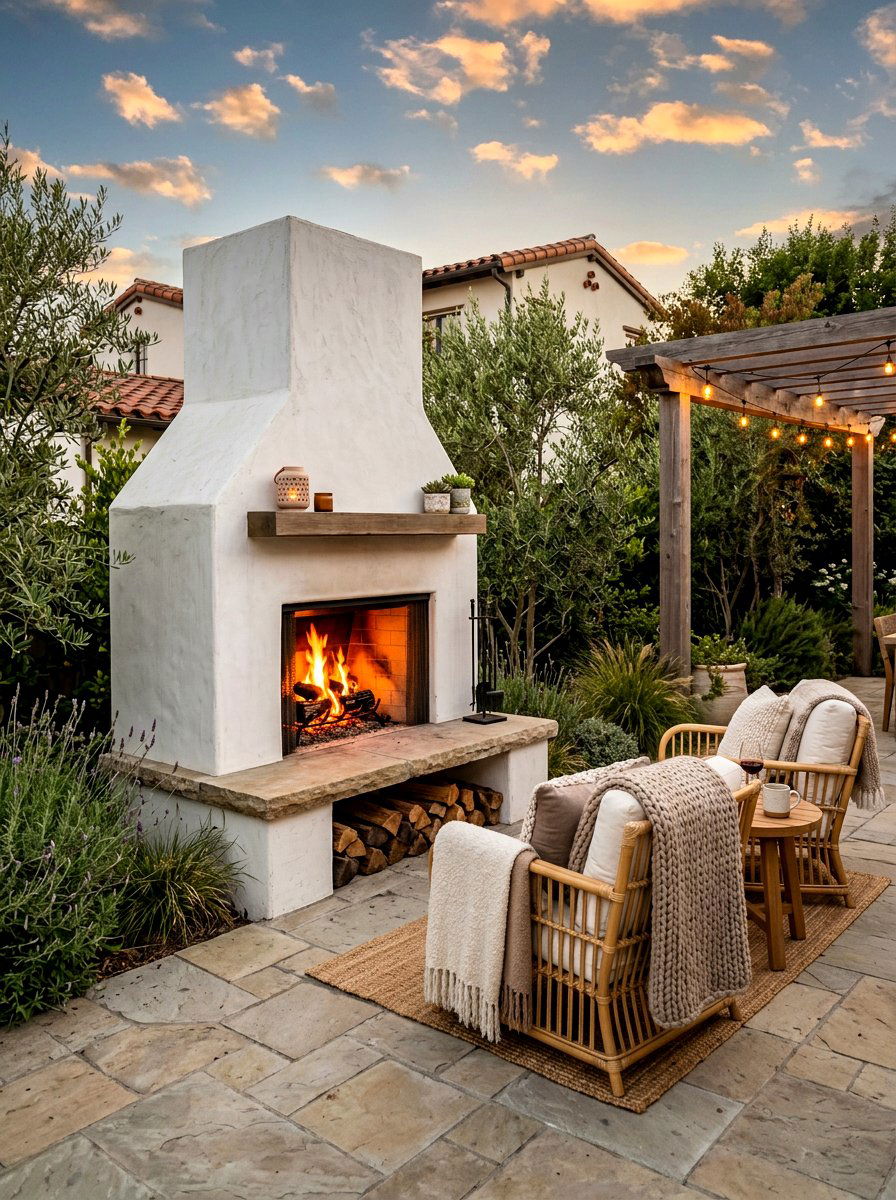 White stucco patio fireplace - 30 California casual patio lounge ideas