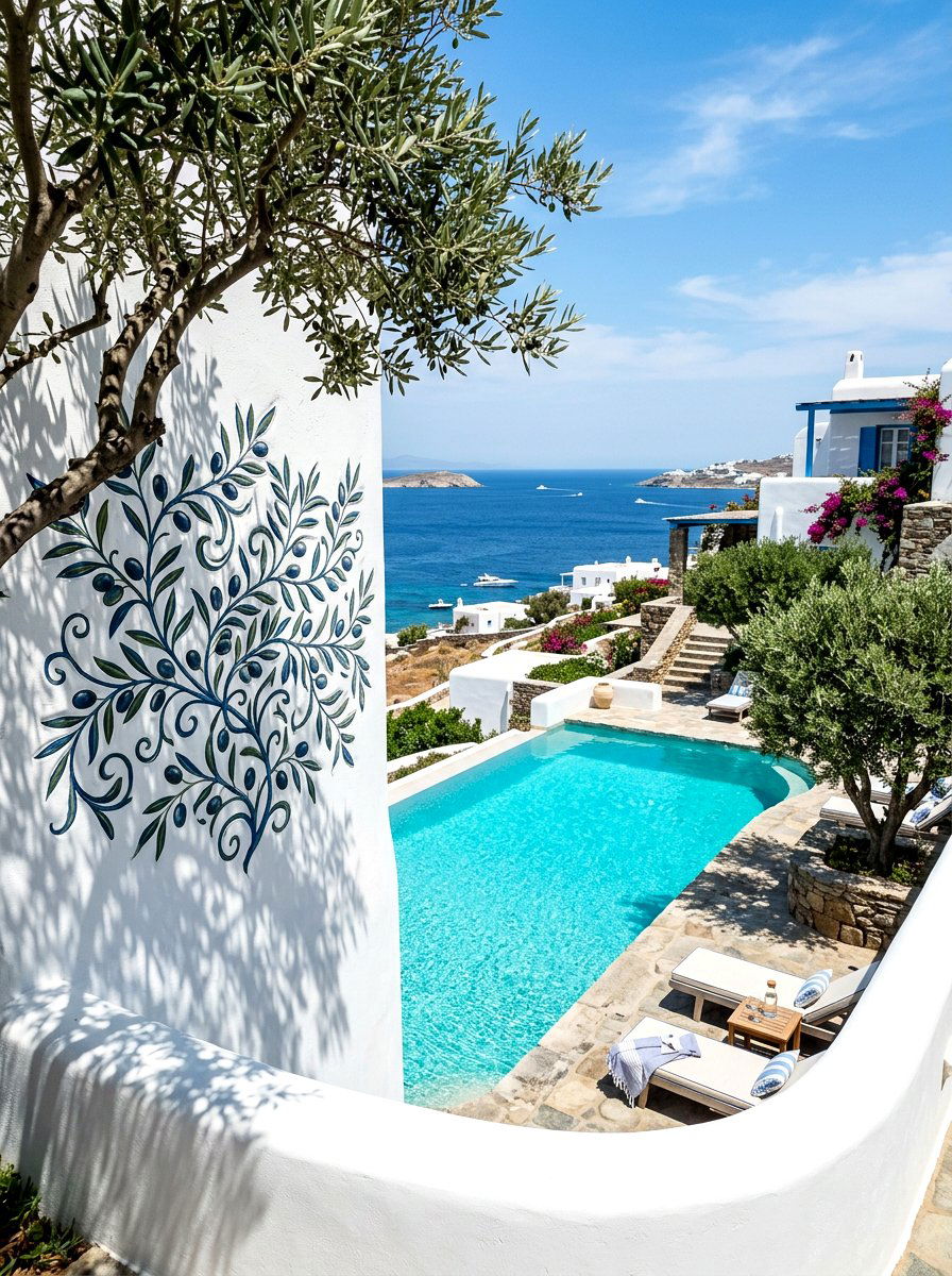 White stucco wall pool with olive trees - 30 poolside olive trees ideas