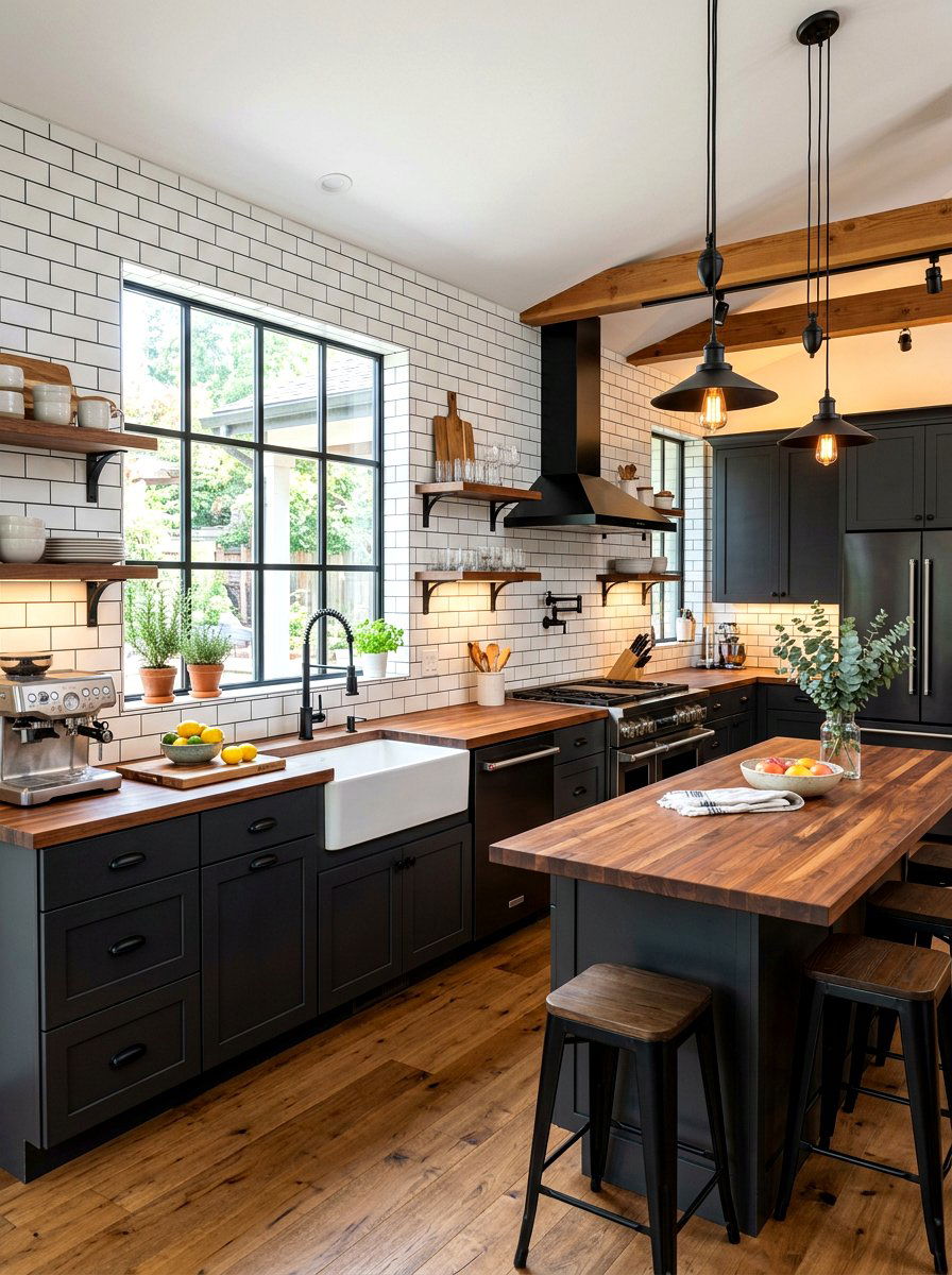 White subway tile with dark grout - 30 industrial farmhouse kitchen ideas