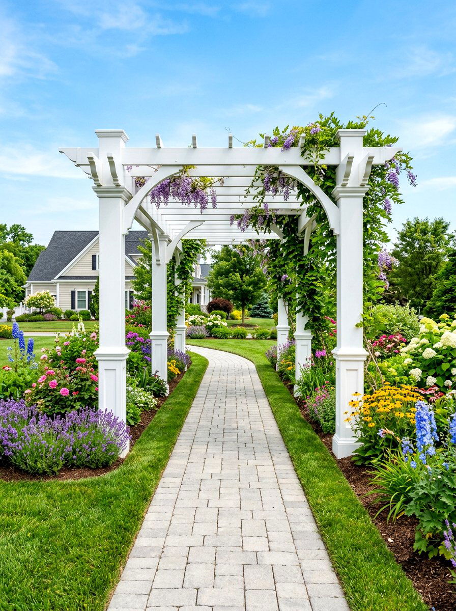 White vinyl garden pergola path - 30 pergola walkway ideas