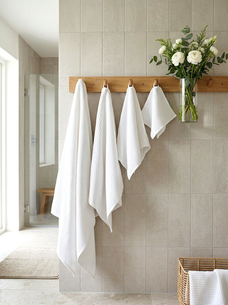 White waffle knit towels - 30 coastal grandmother bathroom ideas